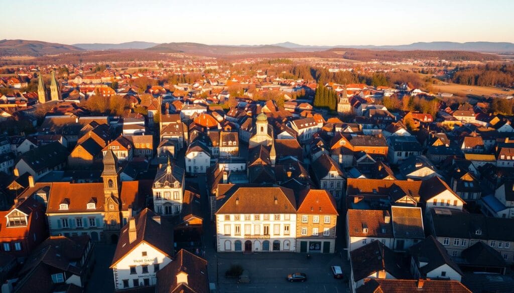 A sweeping overhead view of the Haut-Rhin region, showcasing the bustling town of Mulhouse in the foreground. The landscape is bathed in warm, golden afternoon light, casting long shadows across the rooftops and streets. In the middle ground, the distinct architecture of local serrurier (locksmith) workshops stands out, their signage and storefront displays visible. In the background, the rolling hills and forests of the Vosges mountains provide a picturesque backdrop, hinting at the diverse geography of the area. The scene conveys a sense of vibrant activity and regional pride, perfectly capturing the essence of the "top serruriers à Mulhouse" and the prominence of the Haut-Rhin within the local community.