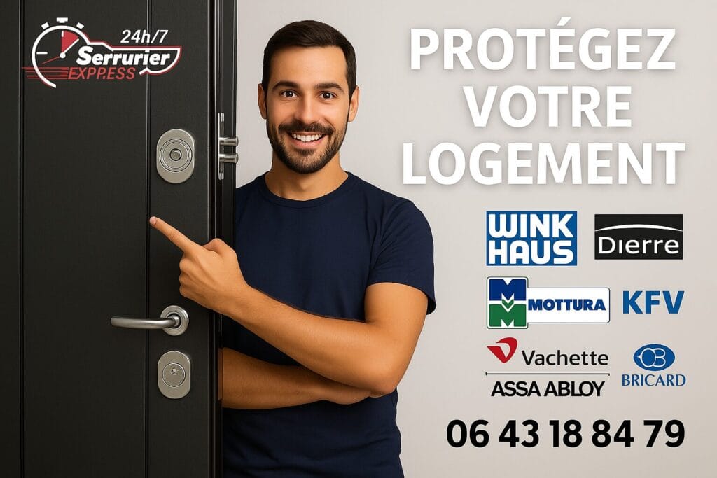 Un serrurier professionnel pose une serrure blindée multipoints sur une porte noire sécurisée. Il sourit et pointe le système de verrouillage renforcé. Des logos de marques de sécurité (Winkhaus, Dierre, Mottura, Bricard, KFV, Vachette) sont affichés avec le slogan "Protégez votre logement". Le logo Serrurier Express H24 est visible en haut à gauche, et le numéro de téléphone est affiché en bas.