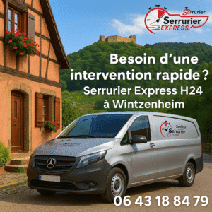 Camionnette Mercedes Vito de Serrurier Express H24 garée à Wintzenheim, devant une maison alsacienne à colombages, avec vue sur le Château du Hohlandsbourg. Texte : « Besoin d’une intervention rapide ? Serrurier Express H24 à Wintzenheim – 06 43 18 84 79 ». Logo de l’entreprise visible sur le véhicule et en haut de l’image.